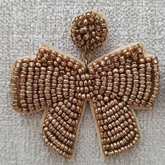 Gold Beaded Bow Pierced Drop Earrings - Picture 2 of 8